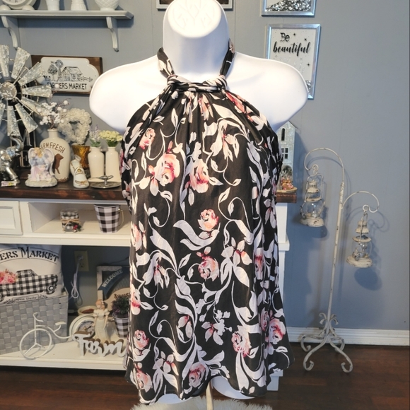 White House Black Market Silk Floral Neck Tie Sleeveless Blouse Halter Tap Sz 4 - Picture 2 of 11